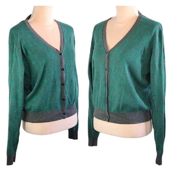 cAbi Retro Green Polka Dot Grey Trim Button Front Knit Cardigan Large - Picture 10 of 16